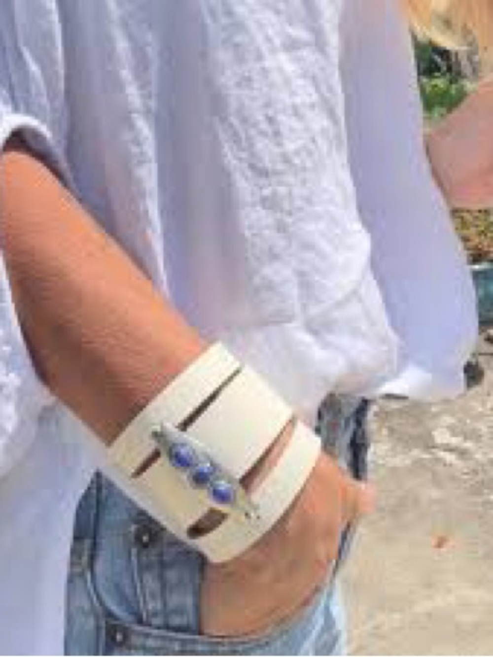 Free People Cream Leather Cuff Bracelet with Blue Stone Accents
